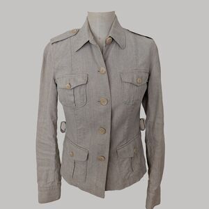Military Safari Style Jacket Beige Tan Linen Cotton Blend Classic Womens NS